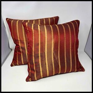 Set of 2 red and gold striped decorative pillows